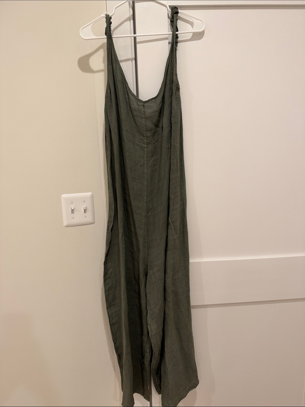 Sleeveless Olive Green Linen Jumpsuit Dress